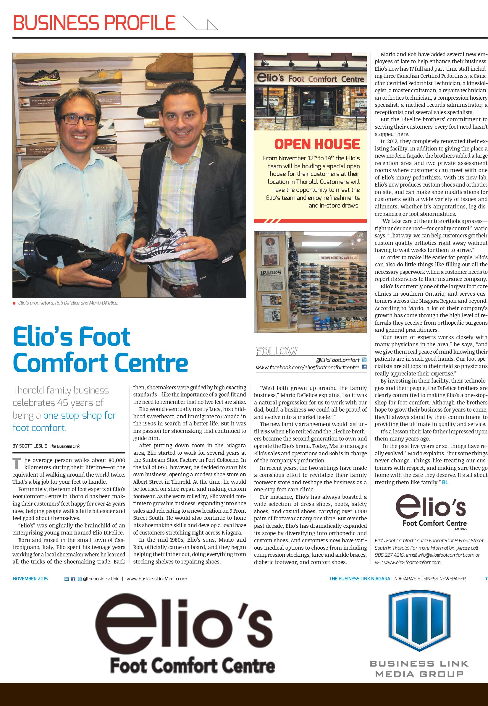 Elio's Business Profile in the Business Link Newspaper